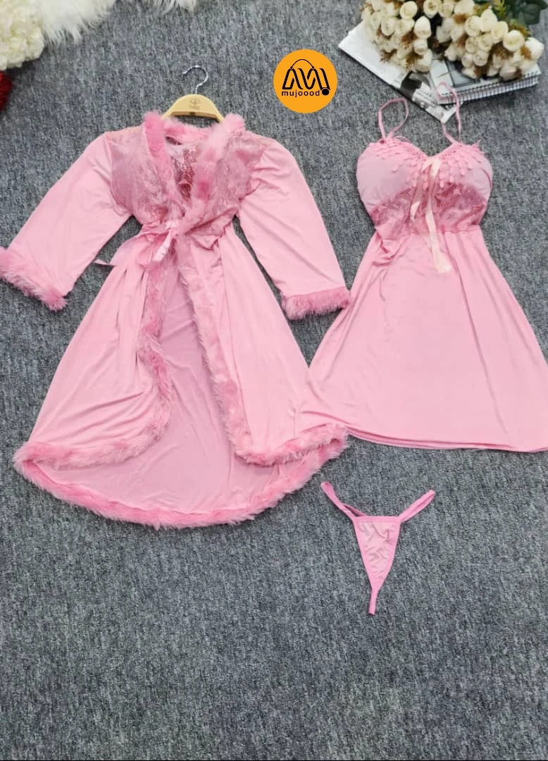 لانجري ليالي العمر ثلاث قطع ستن تركي فاخر شبك دنتل