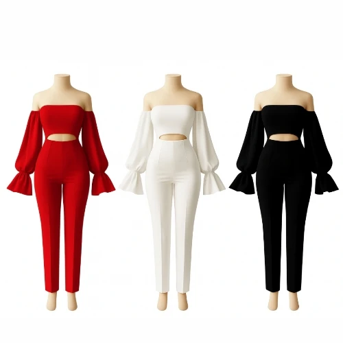 طقم كريب أوف شولدر راقي – بنطلون بقصّة مستقيمة وتصميم فخم