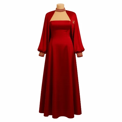 فستان سهرة أحمر تفته تركي راقي مع جاكيت مطرز زركون ذهبي