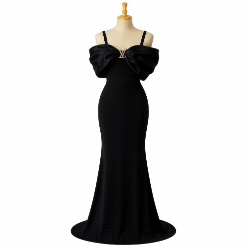 فستان كريب أسود فاخر – كتف ساقط بتصميم راقي