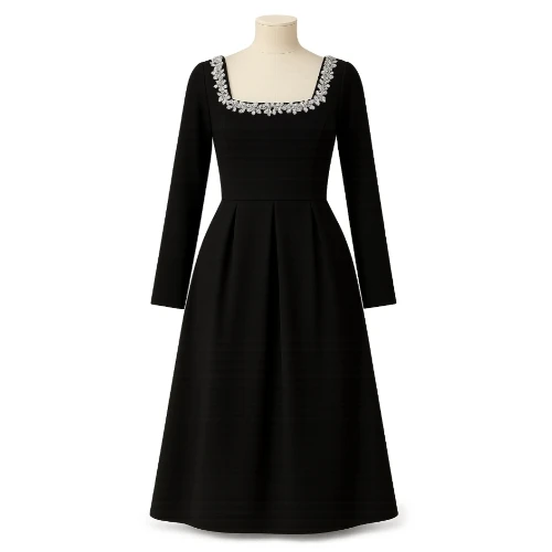 فستان كتان الأصلي كم طويل تطريز يدوي راقي