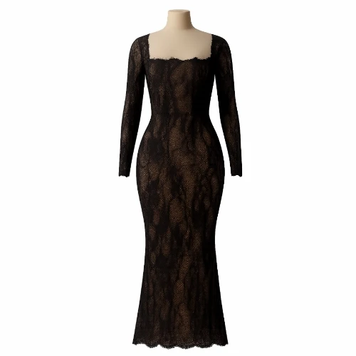 فستان تل منقوش مبطن درجة أولى قصة جسم فاخرة