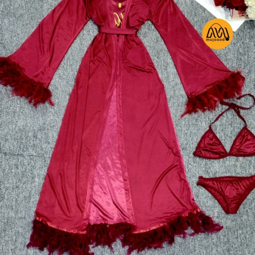 لانجري نسائي عرائسي طويل أربع قطع – فرو ناعم وأكمام واسعة