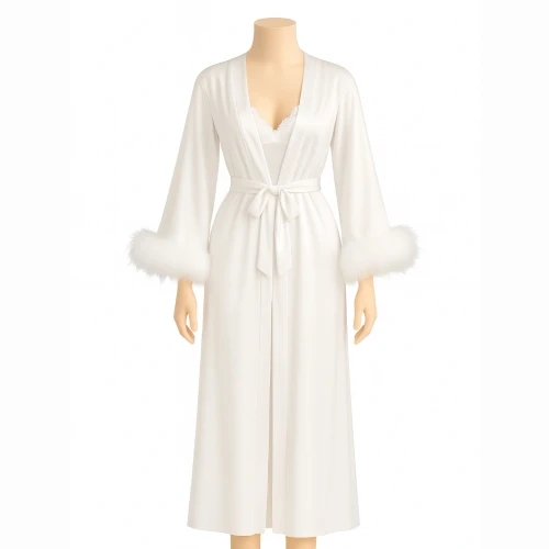 طقم لانجري عرائسي طويل بأربع قطع – قميص حرير فخم مع أكمام فرو