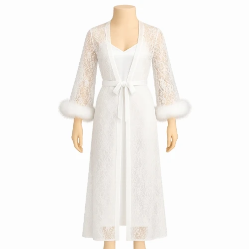 طقم لانجري عرائسي طويل اربع قطع دانتيل مع فرو