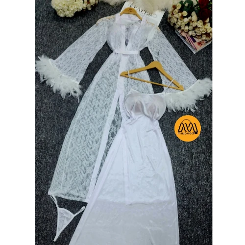 طقم لانجري عرائسي طويل اربع قطع دانتيل مع فرو