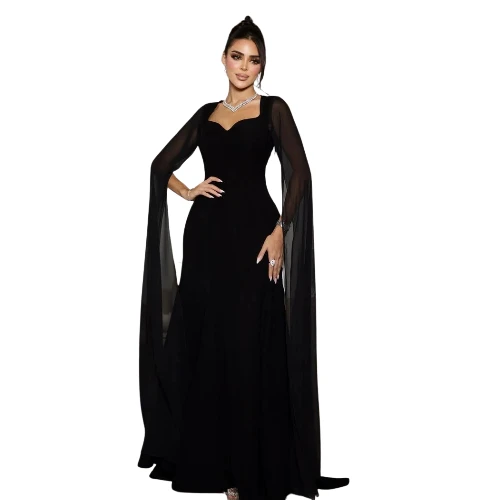 فستان سهرة شيفون أنيق بذيل شال طويل