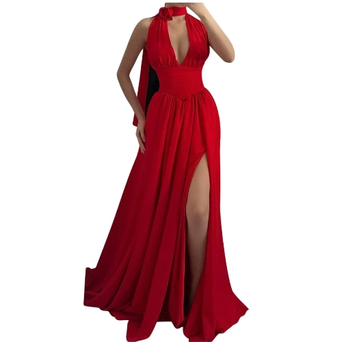 فستان شيفون أحمر طويل بقصة أنثوية مشدودة