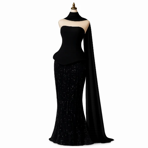 فستان سهرة أنيق بتطريز لامع وشال رقبة