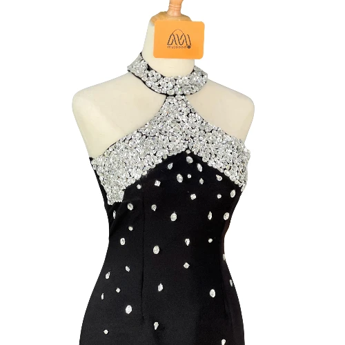 فستان أسود بتطريز كريستال زركون فاخر