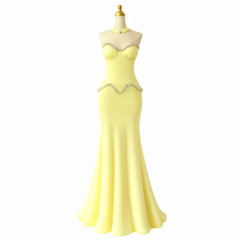 فستان كريب مشدود مطرز بكريستال زركون