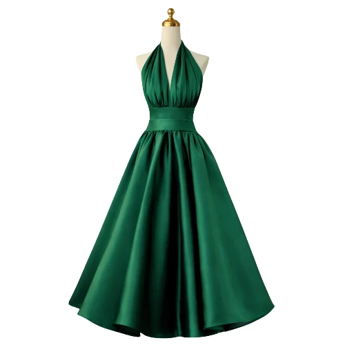 فستان سهرة أخضر زمردي بقصّة هالتر ناعمة