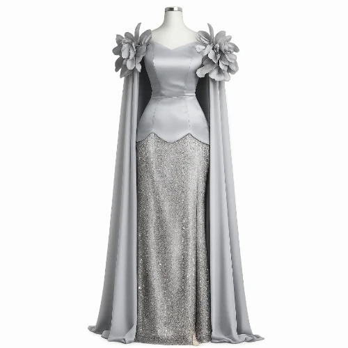 فستان سهرة بكاب أنيق وتطريز فاخر